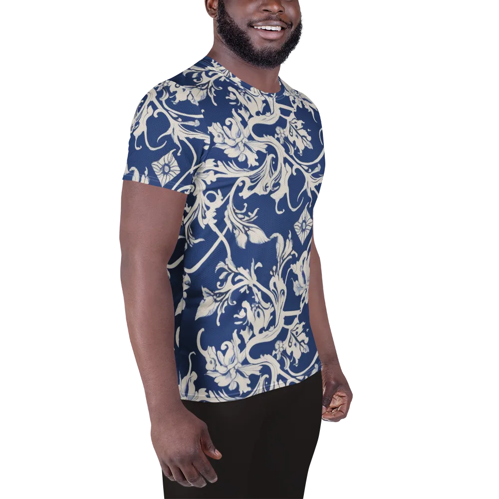 Blue Garden Scroll on Men's Athletic T-Shirt — Right