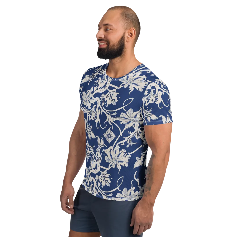 Blue Garden Scroll on Men's Athletic T-Shirt — Left
