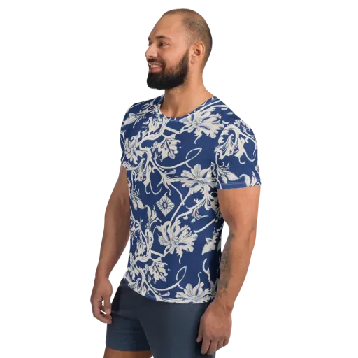 Blue Garden Scroll on a Men's Athletic T-Shirt