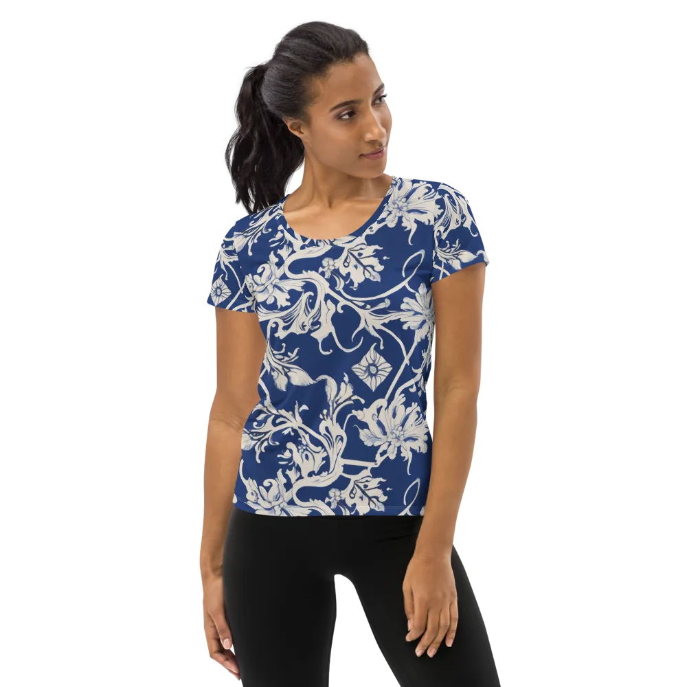 Blue Garden Scroll on Women's Athletic T-Shirt — Front