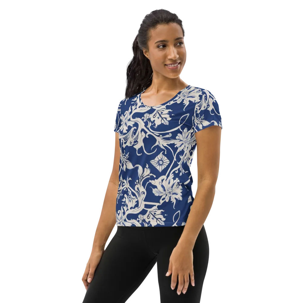 Blue Garden Scroll on Women's Athletic T-Shirt — Left