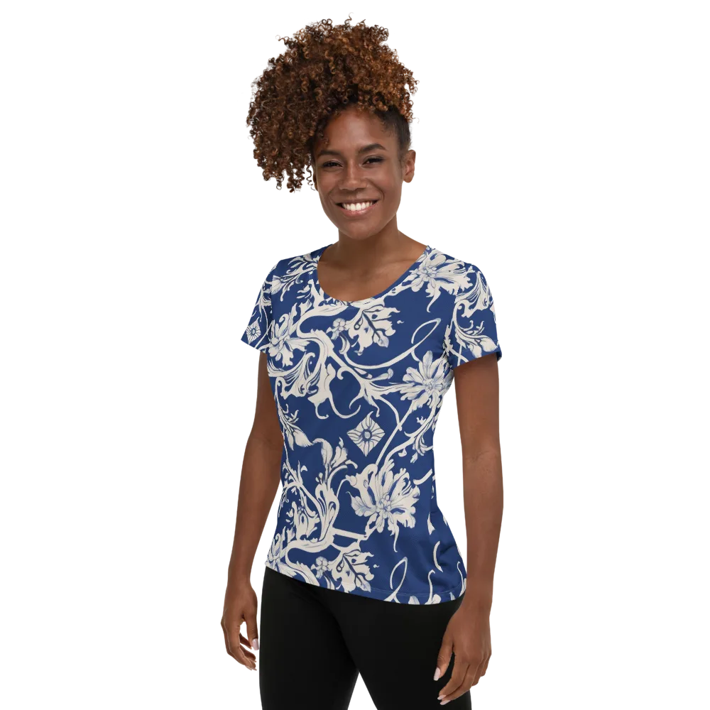 Blue Garden Scroll on Women's Athletic T-Shirt — Left