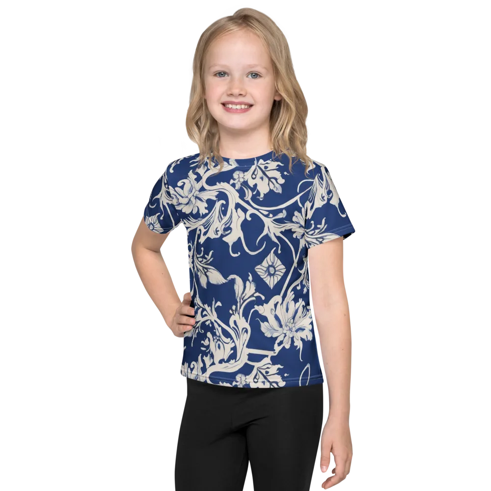 Blue Garden Scroll on Kids Crew Neck T-Shirt — Front