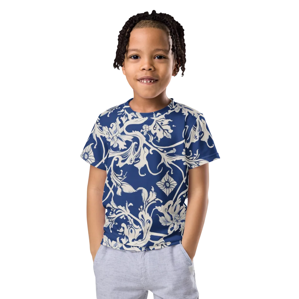 Blue Garden Scroll on Kids Crew Neck T-Shirt — Front