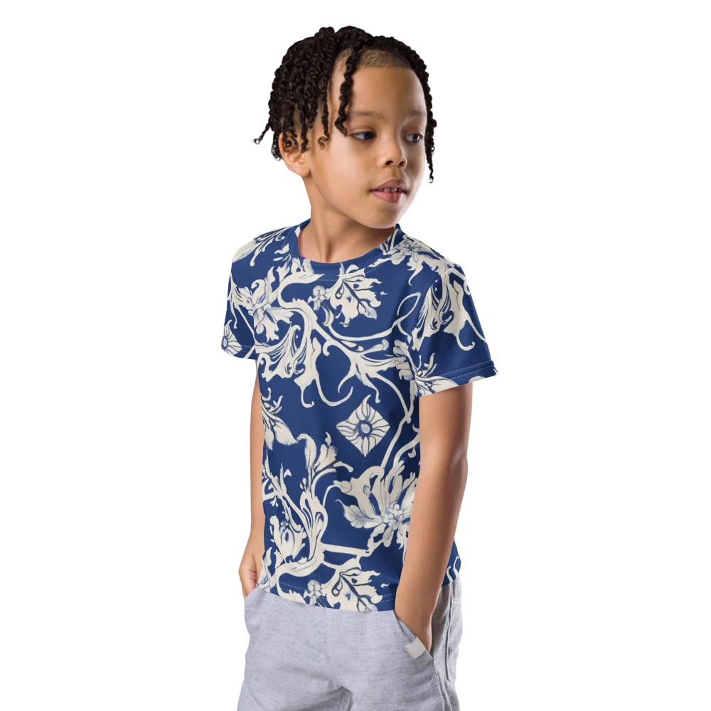 Blue Garden Scroll on Kids Crew Neck T-Shirt — Left Front