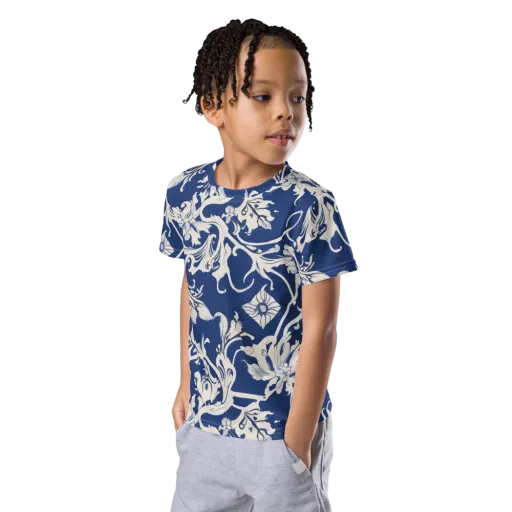 Blue Garden Scroll on a Kids Crew Neck T-Shirt
