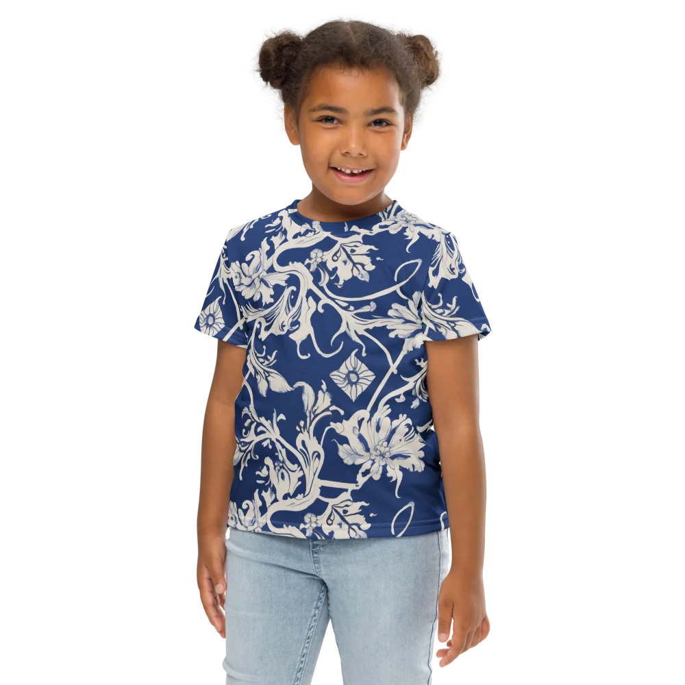 Blue Garden Scroll on Kids Crew Neck T-Shirt — Front