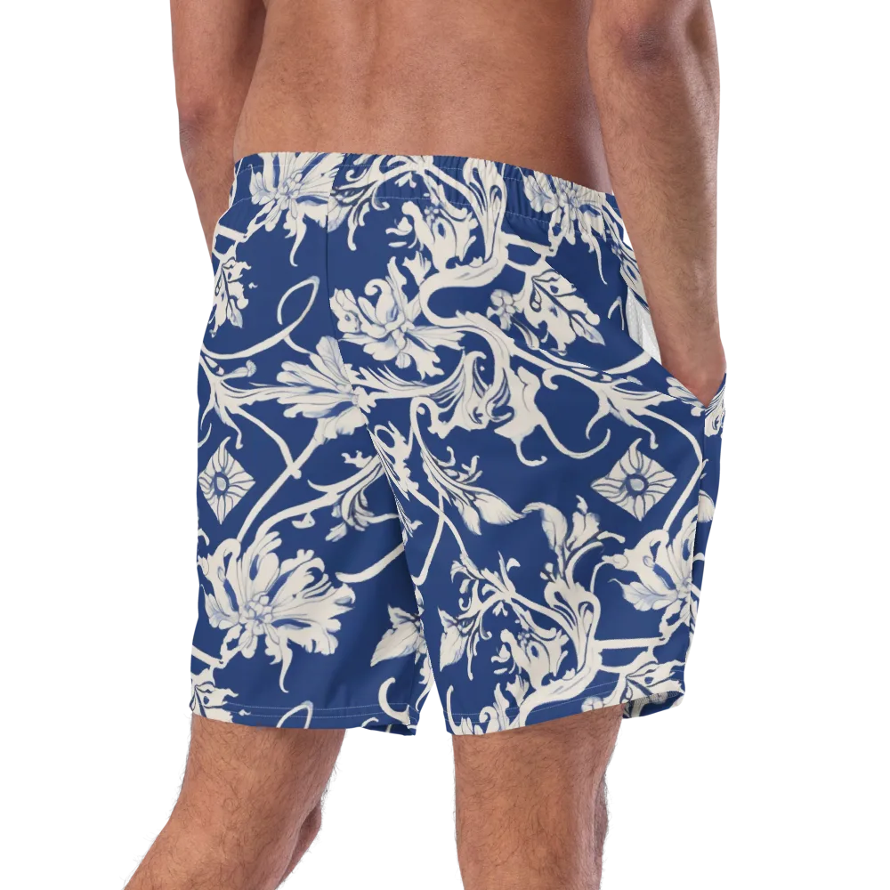 Blue Garden Scroll on Swim Trunks — Right Back