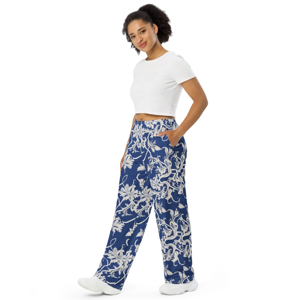 Blue Garden Scroll on Wide-Leg Pants — Left Front