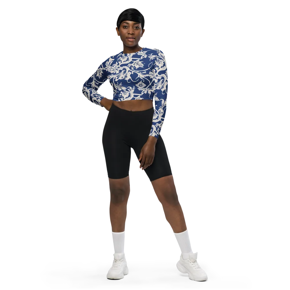 Blue Garden Scroll on Long Sleeve Crop Top — Front