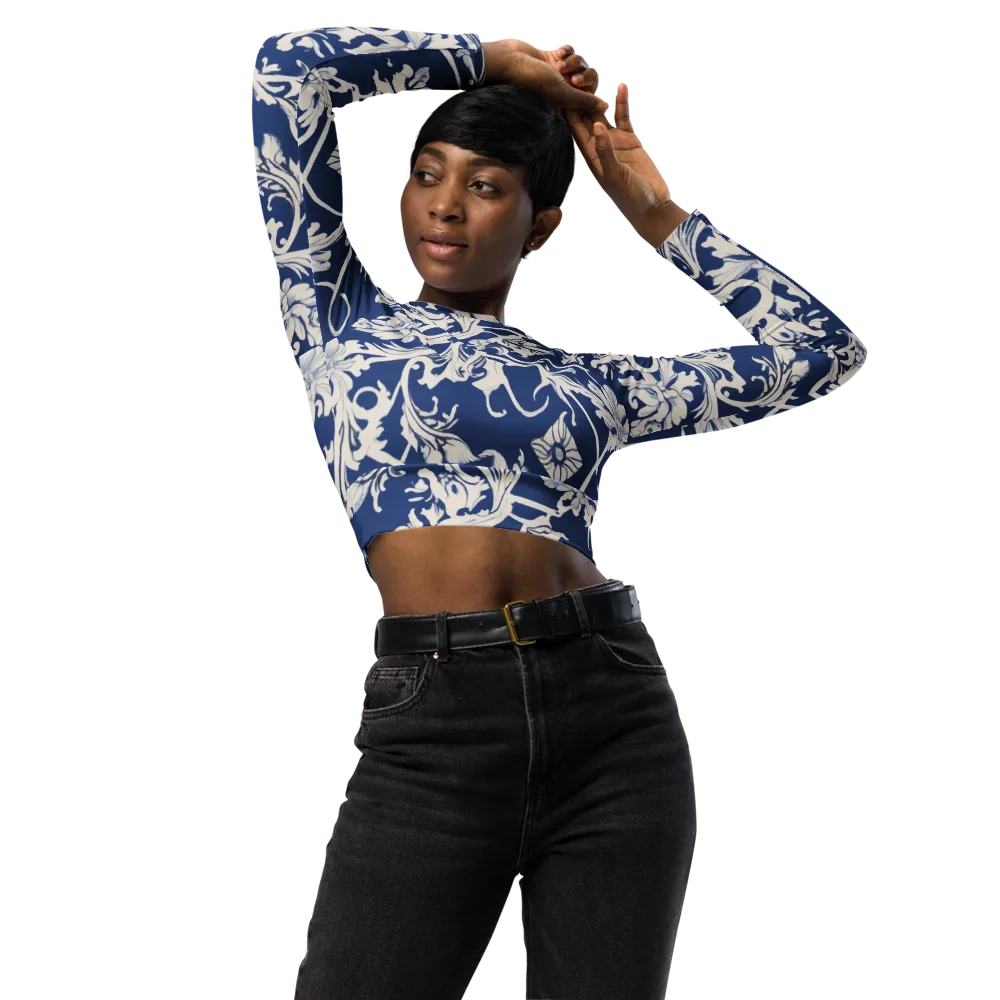 Blue Garden Scroll on Long Sleeve Crop Top — Front