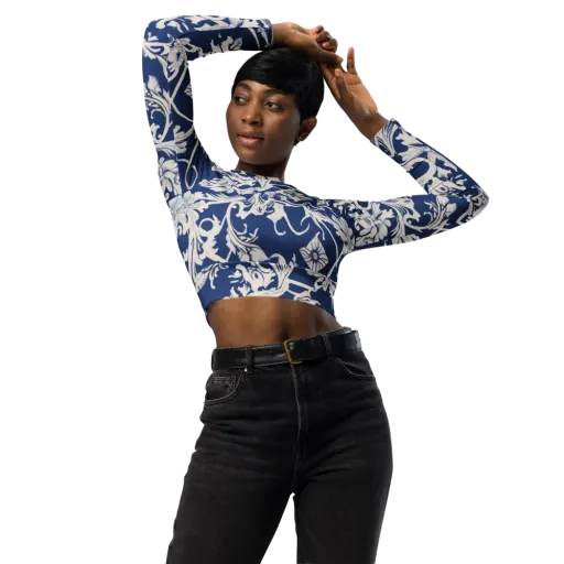 Blue Garden Scroll on a Long Sleeve Crop Top