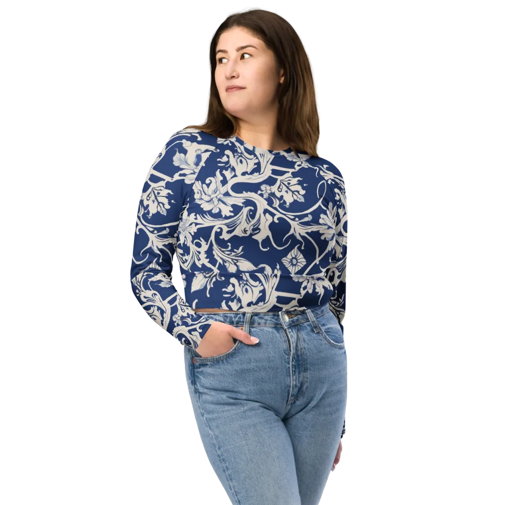 Blue Garden Scroll on Long Sleeve Crop Top — Front