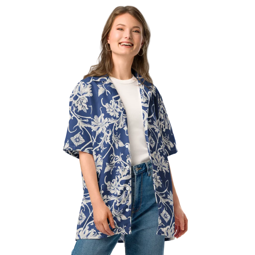 Blue Garden Scroll on Button Shirt — Front