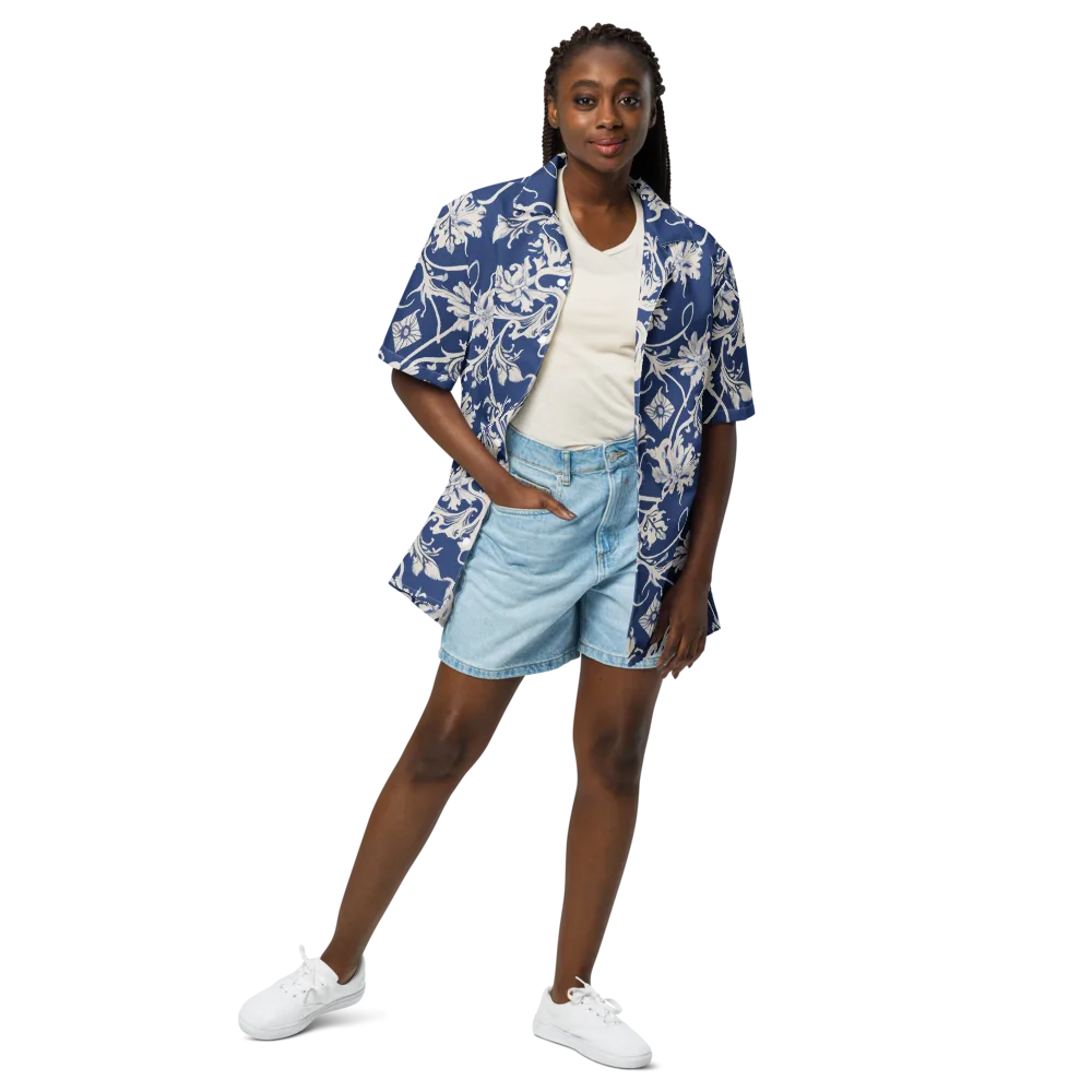 Blue Garden Scroll on Button Shirt — Front
