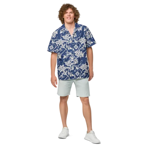 Blue Garden Scroll on a Button Shirt