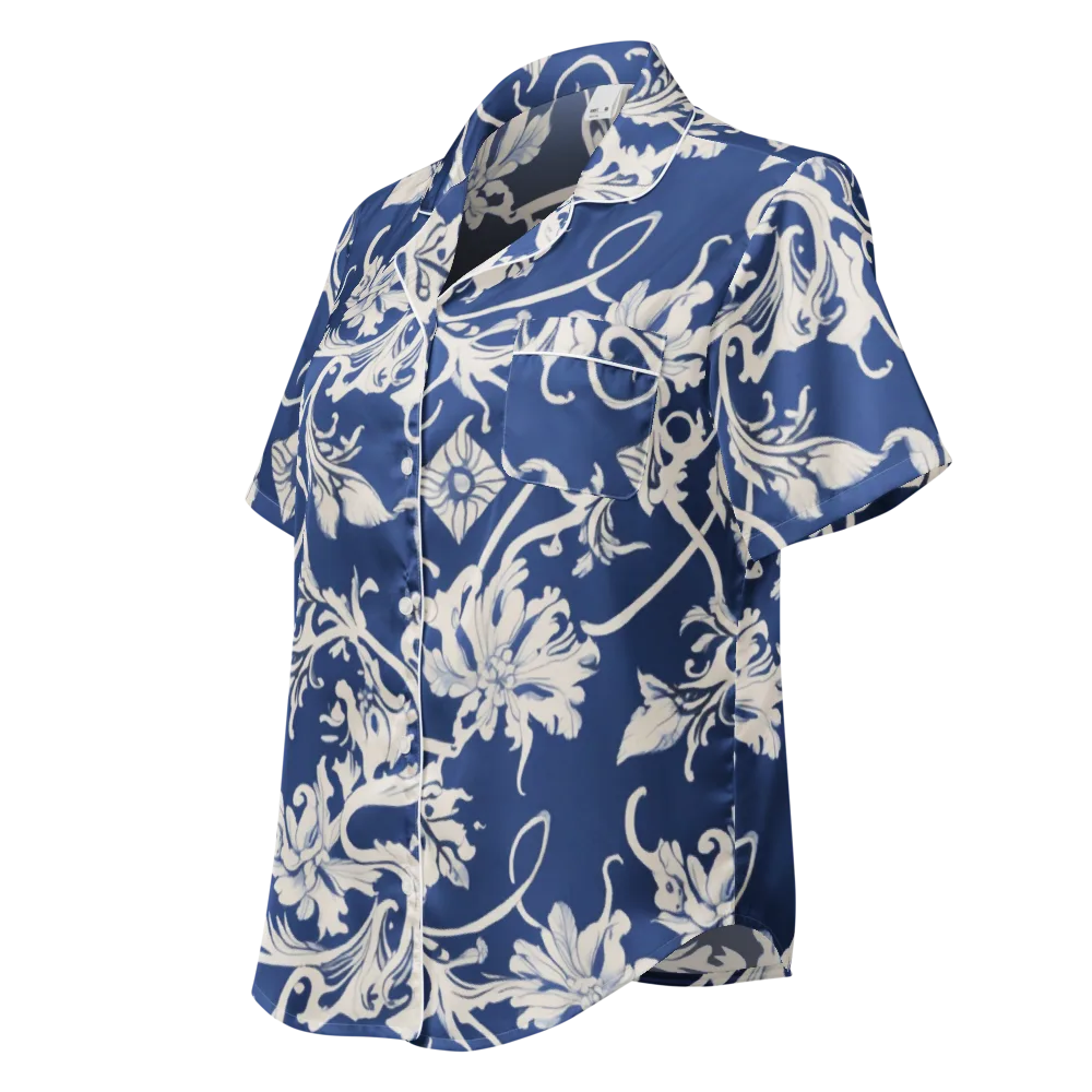 Blue Garden Scroll on Women's Short Sleeve Pajama Top — Left Front