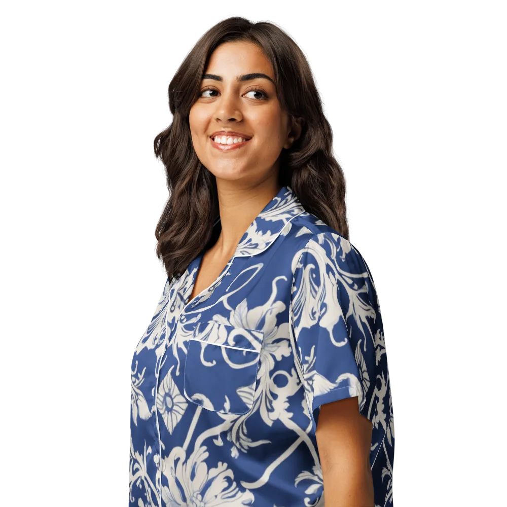 Blue Garden Scroll on Women's Short Sleeve Pajama Top — Left Front