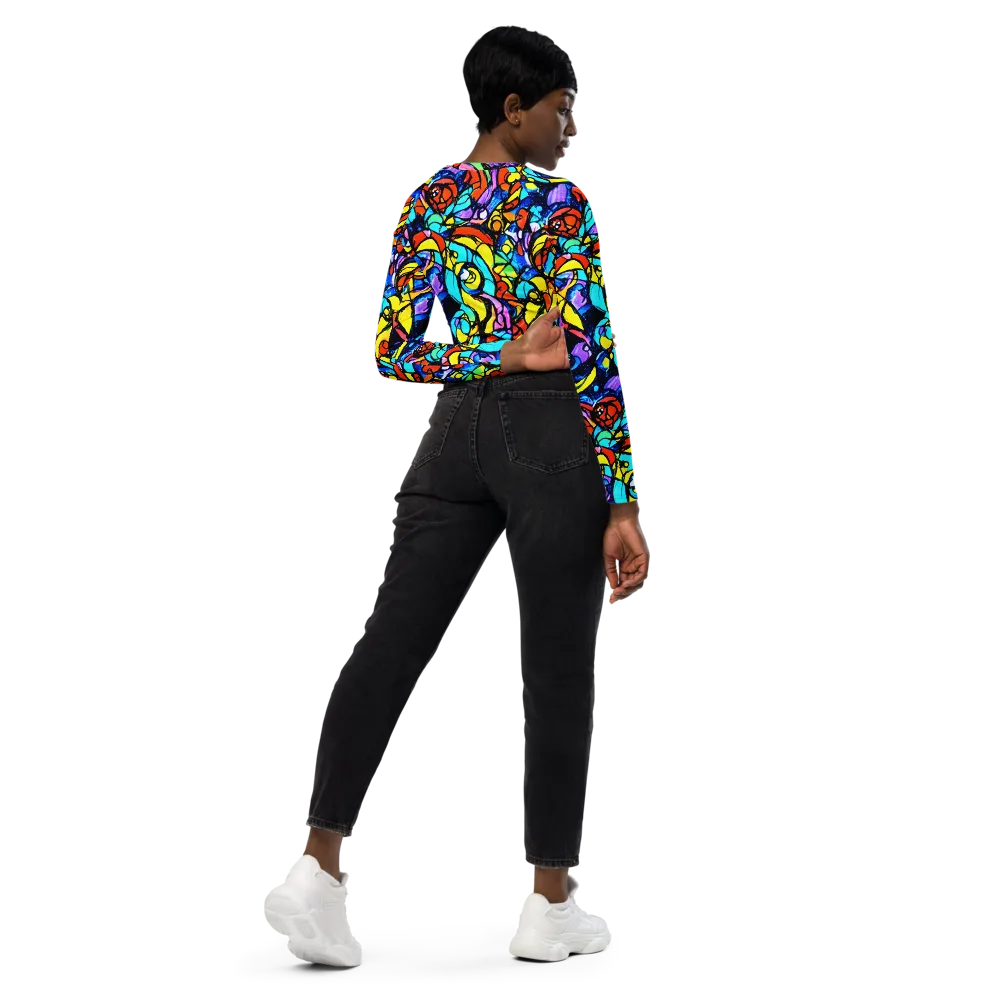 Stained Glass Fever on Long Sleeve Crop Top — Right Back