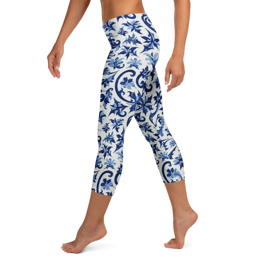 Indigo Filigree on Capri Leggings — Left