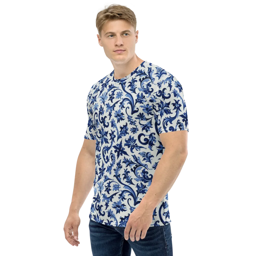 Indigo Filigree on Men's Crew Neck T-Shirt — Left