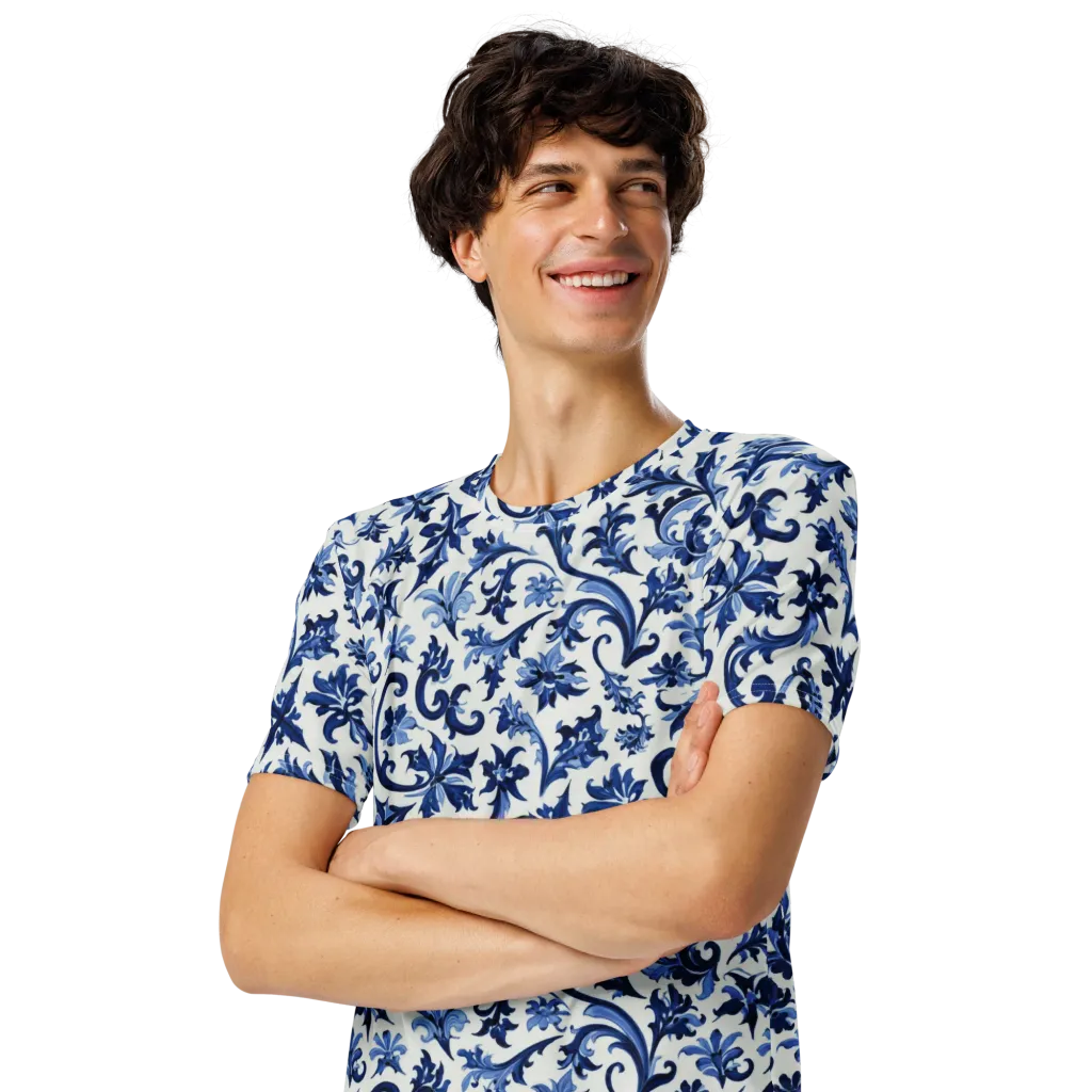 Indigo Filigree on Men's Crew Neck T-Shirt — Left Front