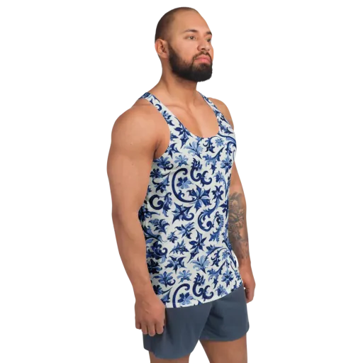 Indigo Filigree on a Men's Tank Top