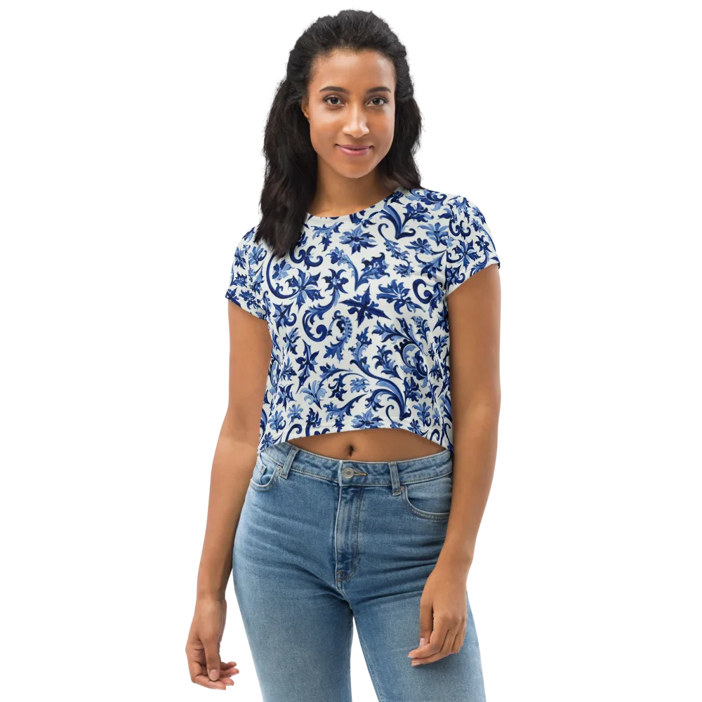 Indigo Filigree on Crop Tee — Front