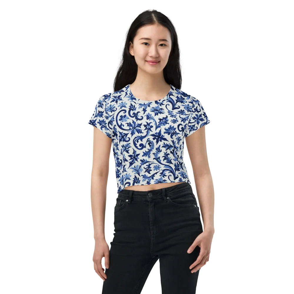 Indigo Filigree on Crop Tee — Front