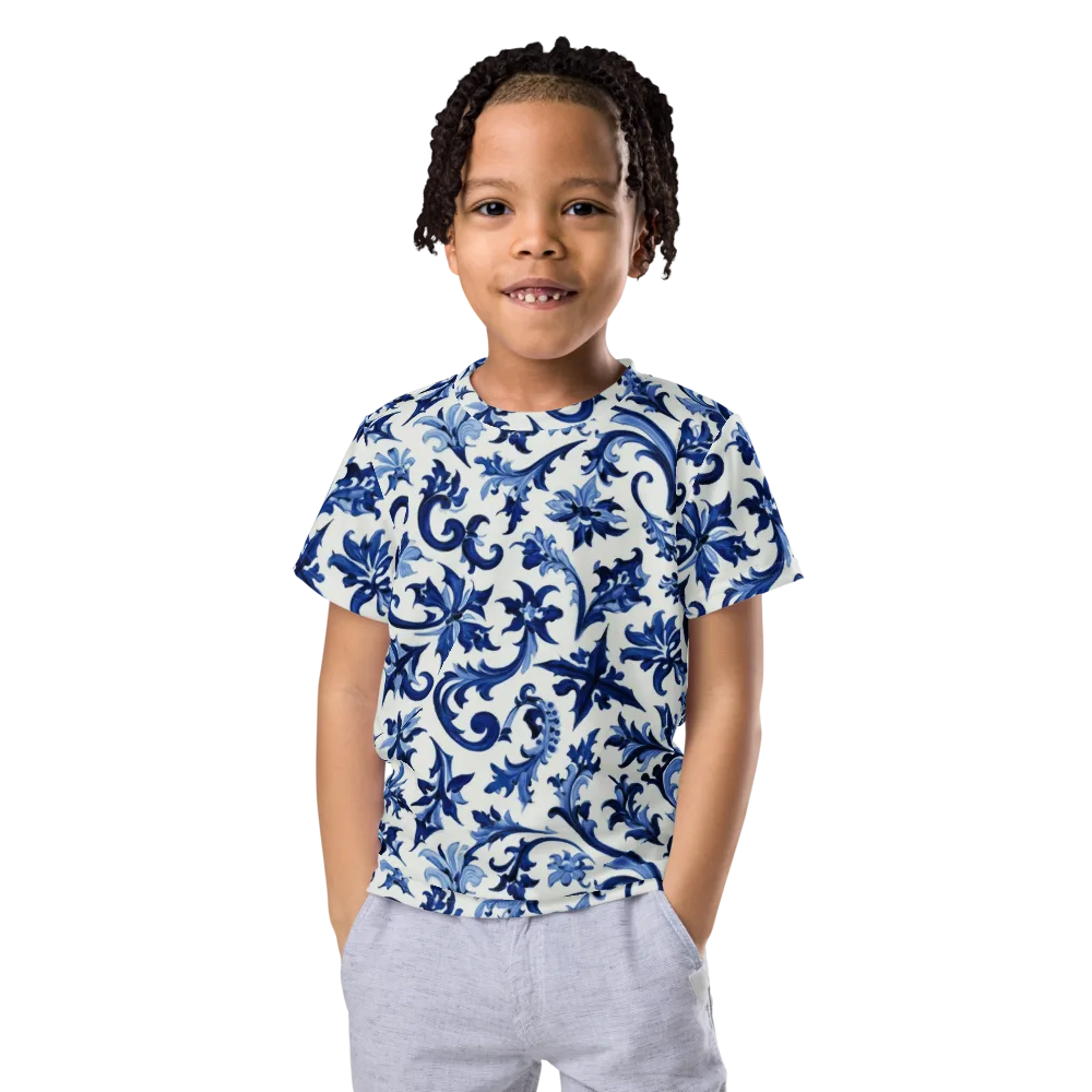 Indigo Filigree on Kids Crew Neck T-Shirt — Front