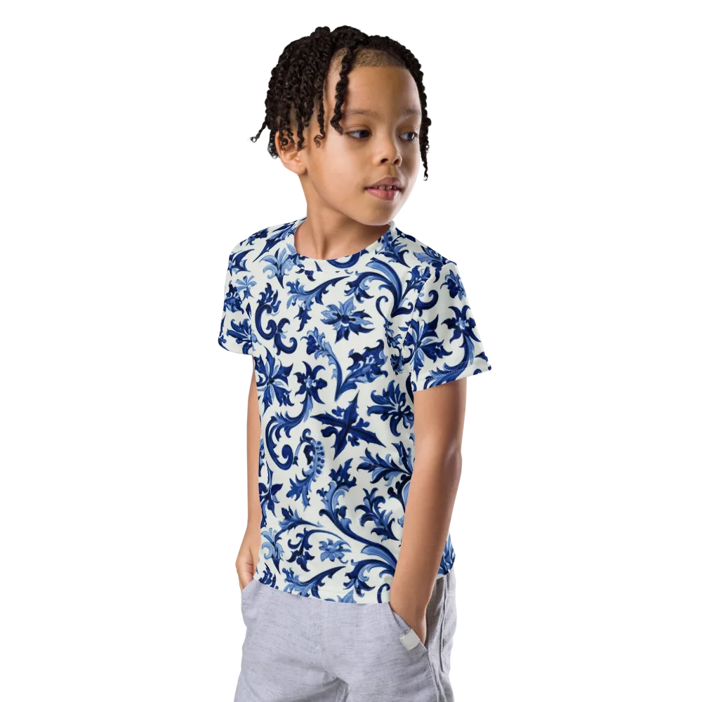 Indigo Filigree on Kids Crew Neck T-Shirt — Left Front