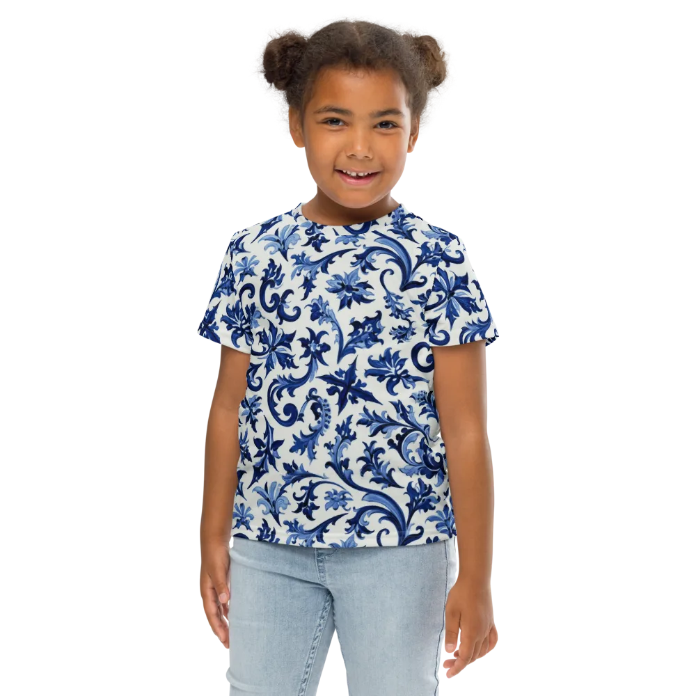 Indigo Filigree on Kids Crew Neck T-Shirt — Front