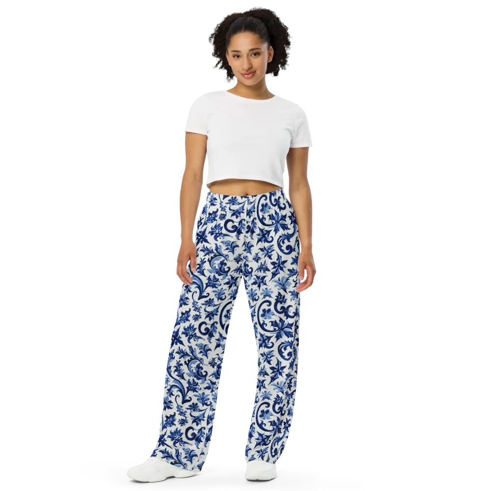 Indigo Filigree on Wide-Leg Pants — Front