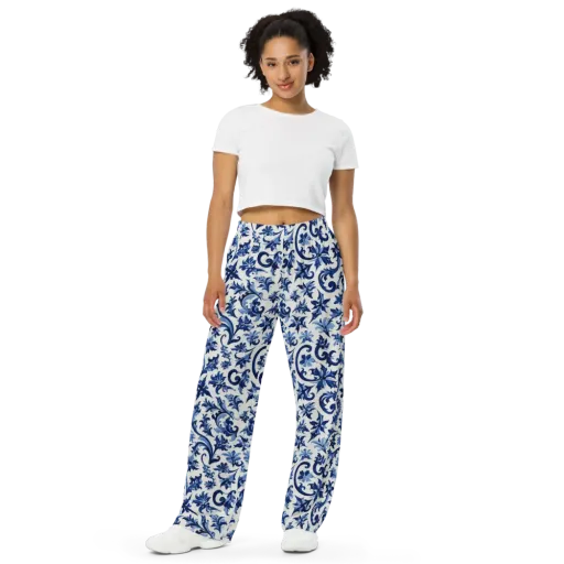 Indigo Filigree on a Wide-Leg Pants
