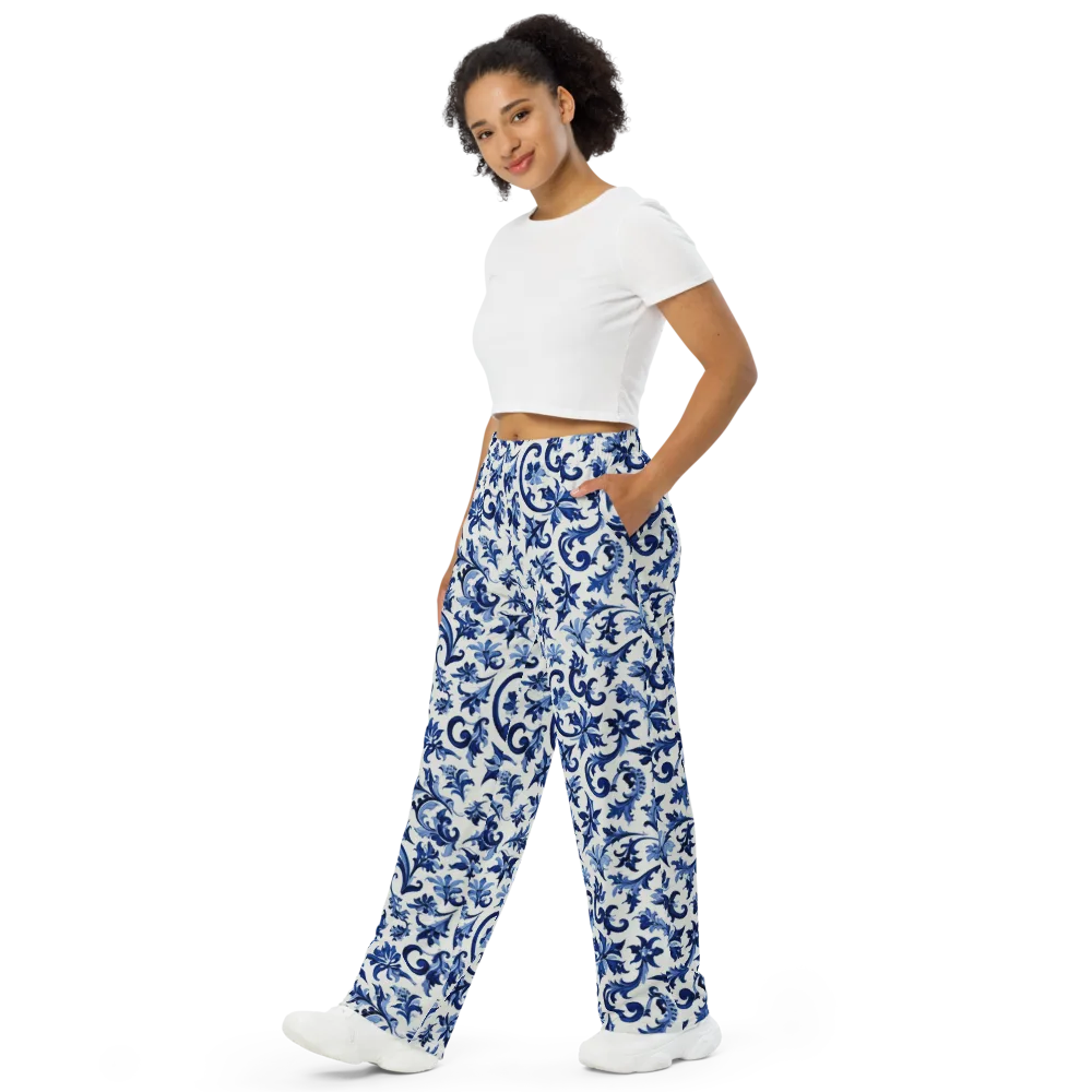 Indigo Filigree on Wide-Leg Pants — Left Front