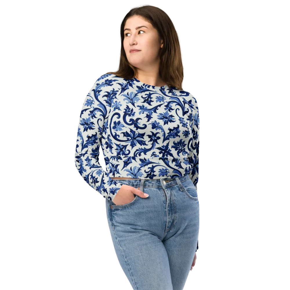 Indigo Filigree on Long Sleeve Crop Top — Front