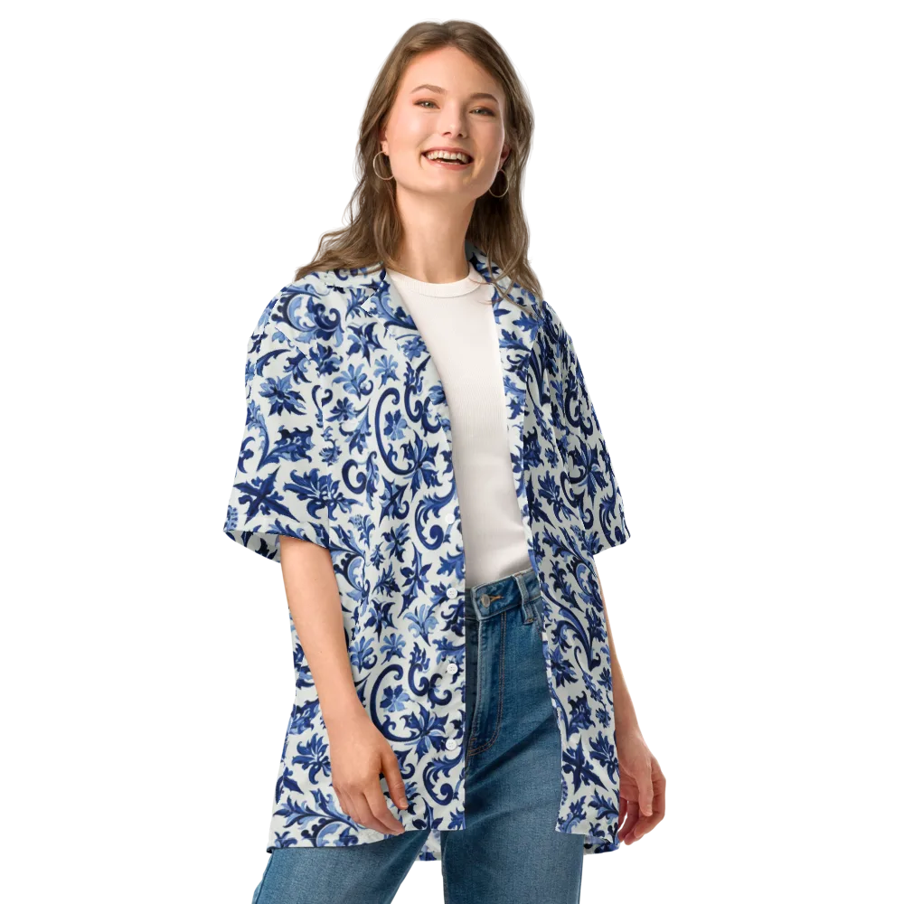 Indigo Filigree on Button Shirt — Front