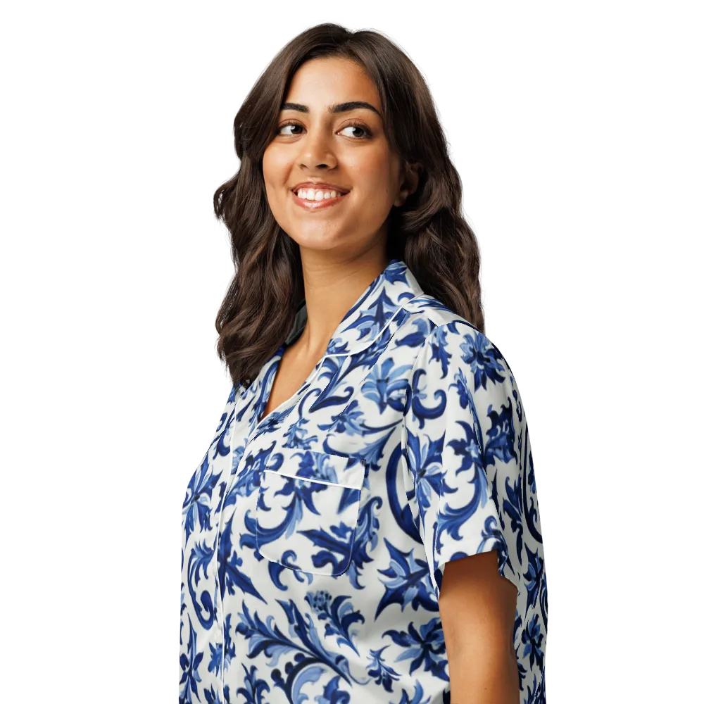 Indigo Filigree on Women's Short Sleeve Pajama Top — Left Front