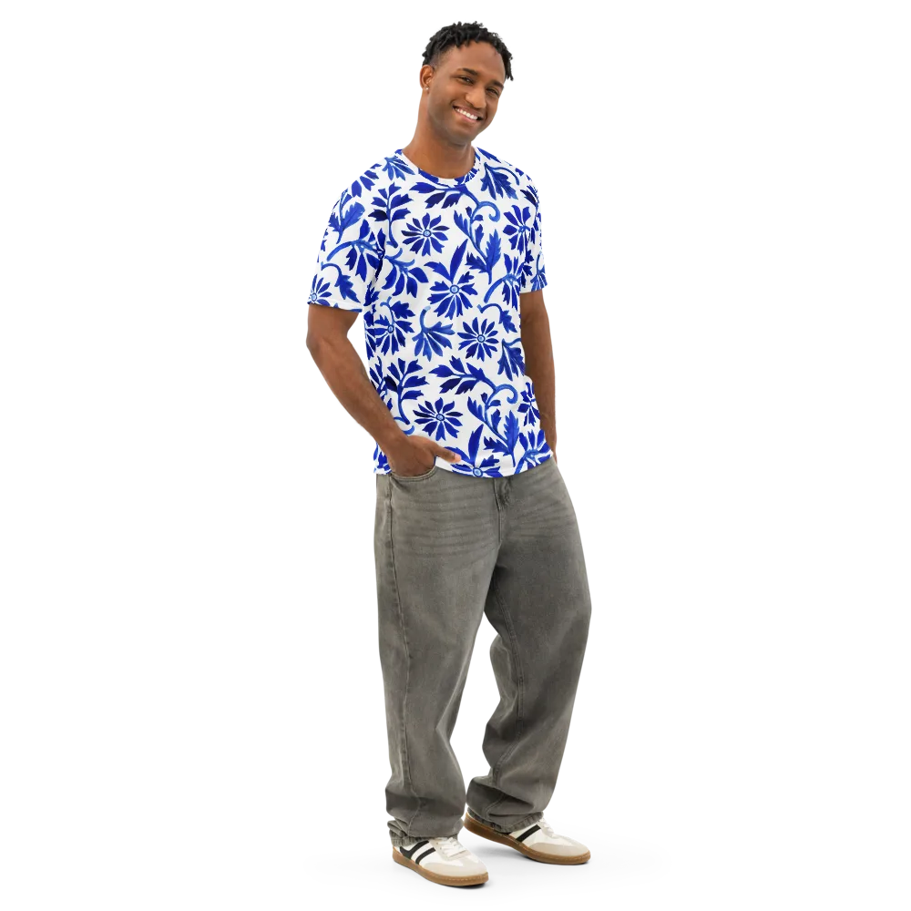 Azure Vinework on Men's Cotton Crew Neck T-Shirt — Right Front