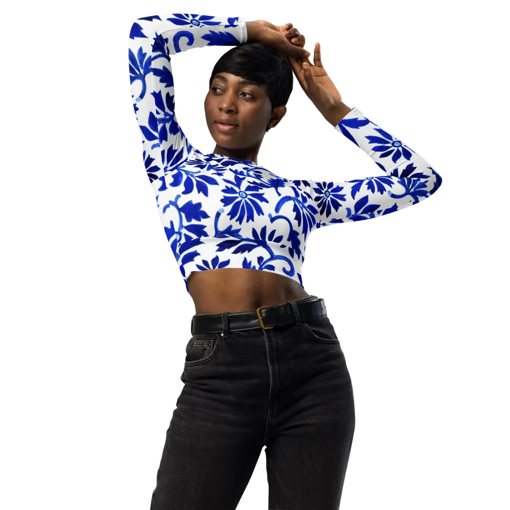 Azure Vinework on Long Sleeve Crop Top — Front