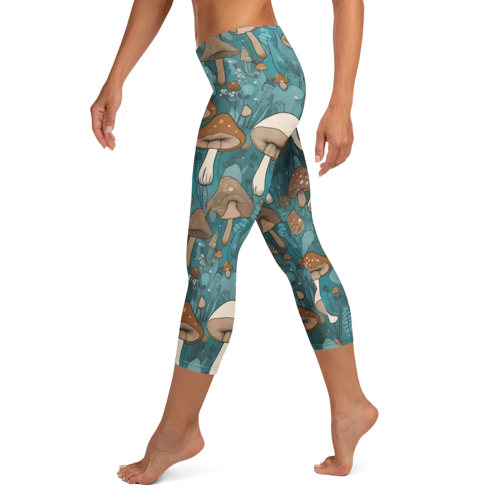 Teal Toadstool on Capri Leggings — Left