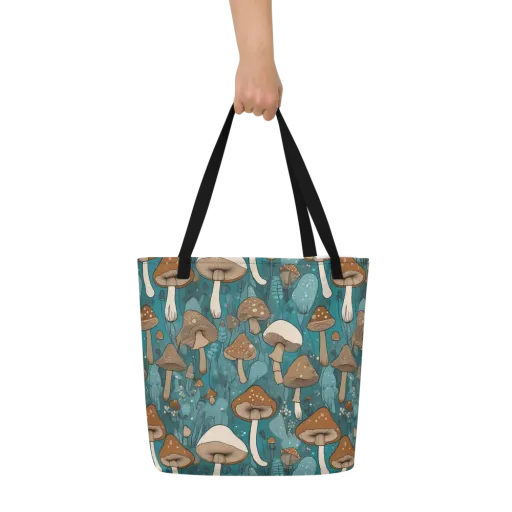 Teal Toadstool on a Large Tote Bag W/ Pocket