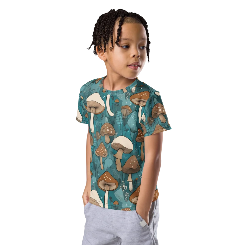 Teal Toadstool on Kids Crew Neck T-Shirt — Left Front