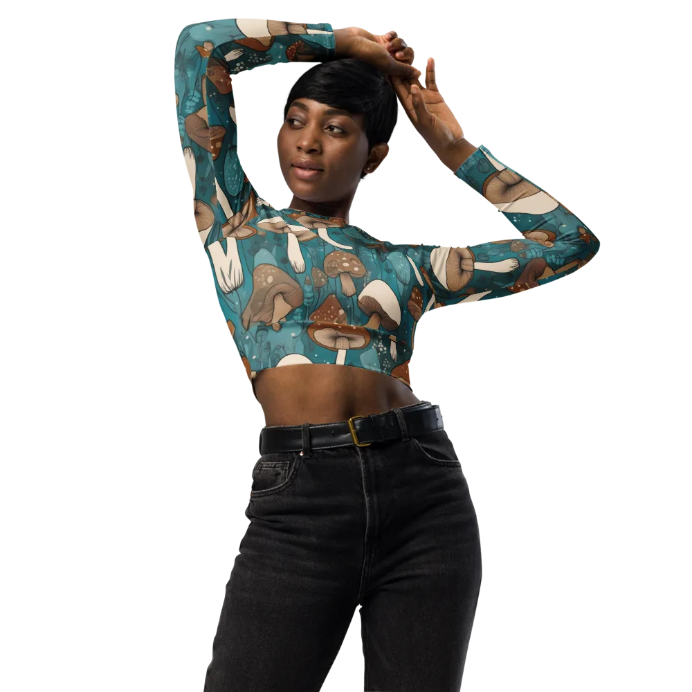 Teal Toadstool on Long Sleeve Crop Top — Front