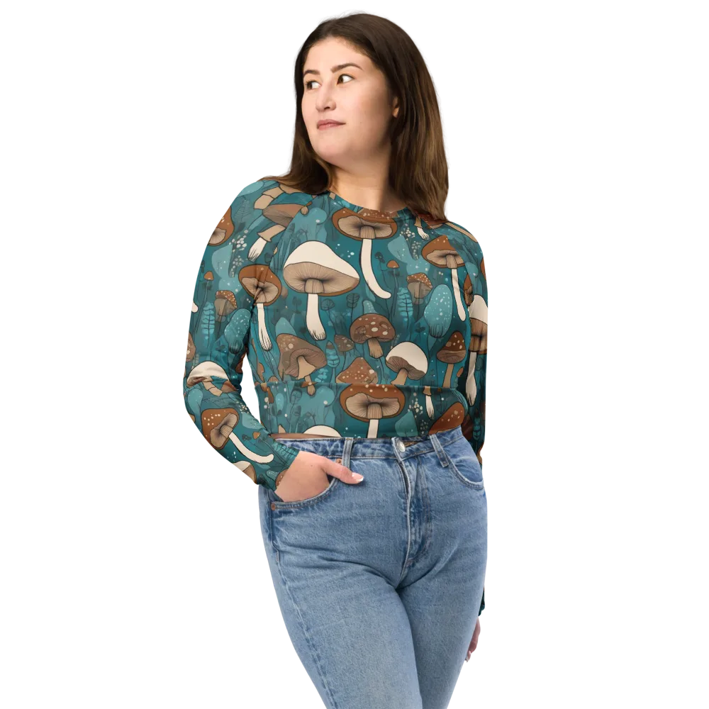 Teal Toadstool on Long Sleeve Crop Top — Front