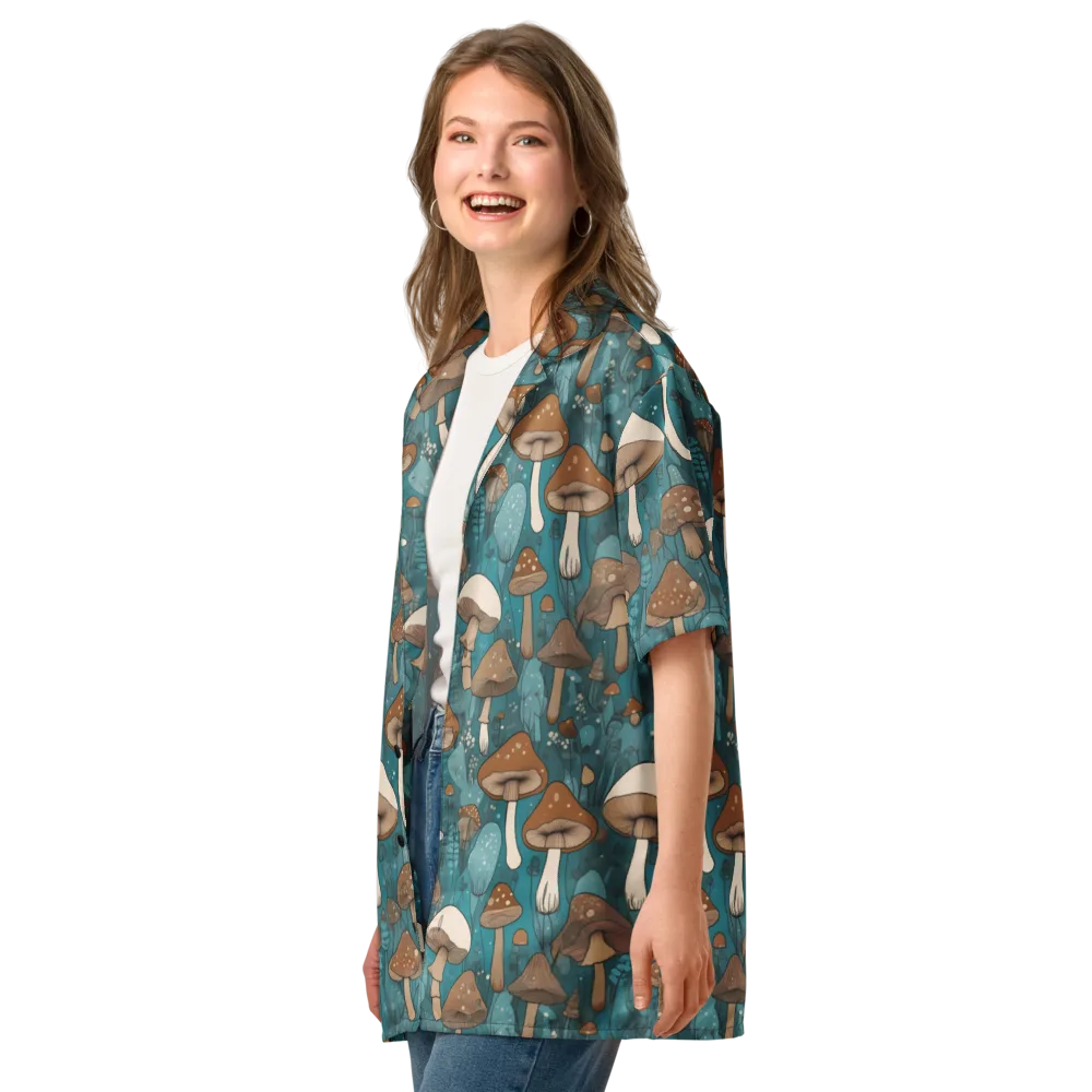 Teal Toadstool on Button Shirt — Left Front