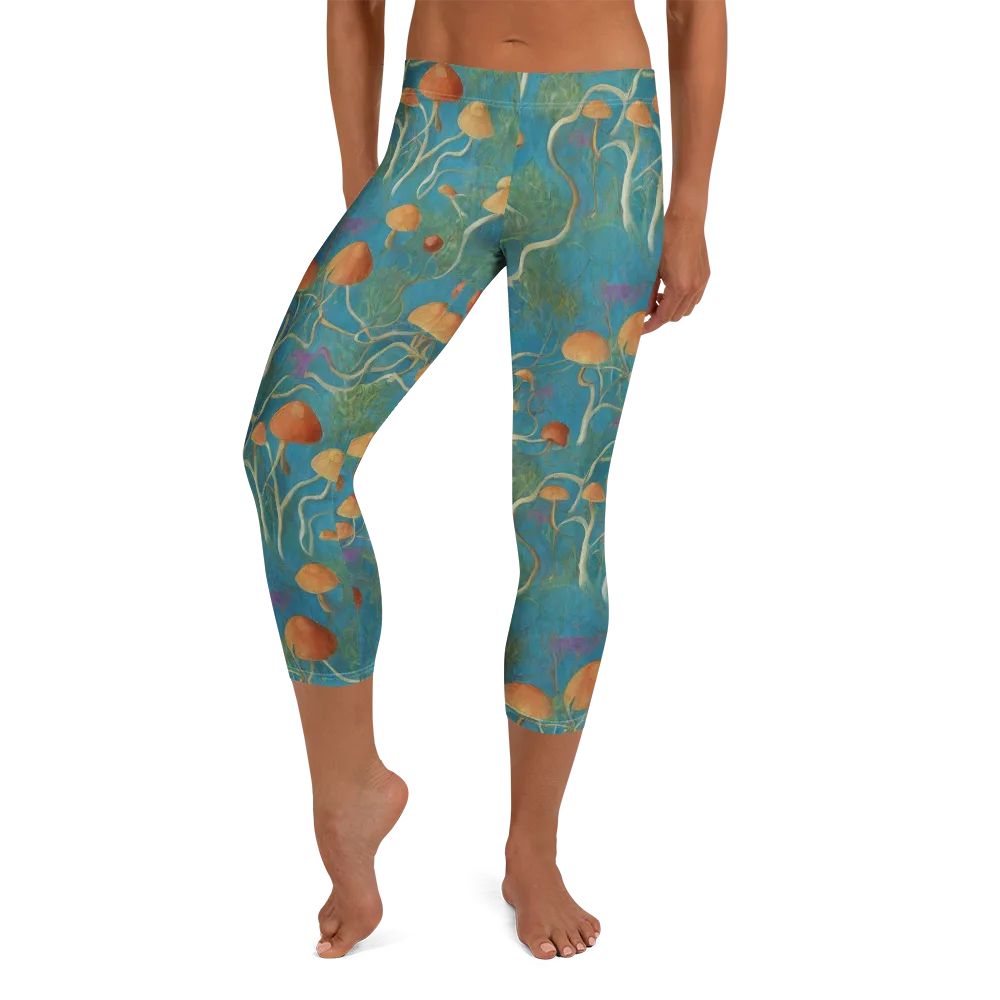 Azure Mushroom Meadow on Capri Leggings — Front