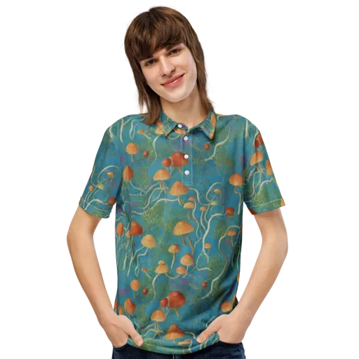 Azure Mushroom Meadow on a Men's Slim Fit Polo Shirt