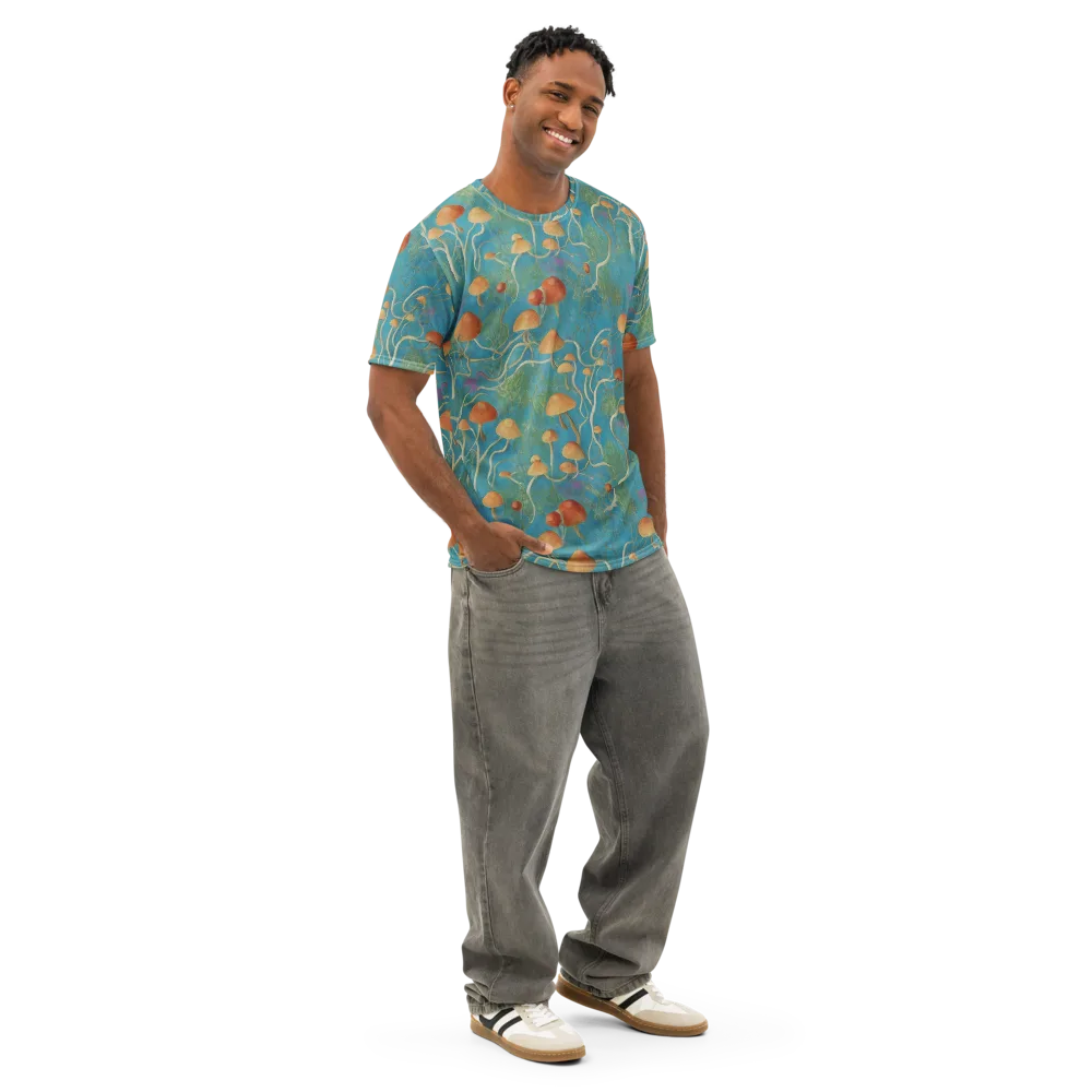 Azure Mushroom Meadow on Men's Cotton Crew Neck T-Shirt — Right Front