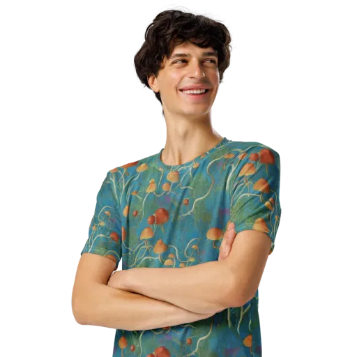 Azure Mushroom Meadow on a Men's Crew Neck T-Shirt